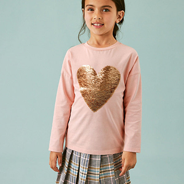 Pink/Gold Long Sleeve Sequin Heart T-Shirt (3-12yrs)