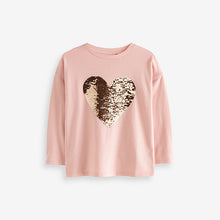 Load image into Gallery viewer, Pink/Gold Long Sleeve Sequin Heart T-Shirt (3-12yrs)
