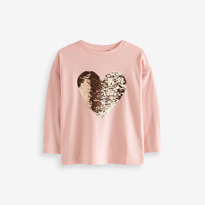 Pink/Gold Long Sleeve Sequin Heart T-Shirt (3-12yrs)