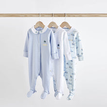 Load image into Gallery viewer, Blue/White Baby Sleepsuits 3 Pack (0-18mths)
