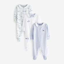 Load image into Gallery viewer, Blue/White Baby Sleepsuits 3 Pack (0-18mths)
