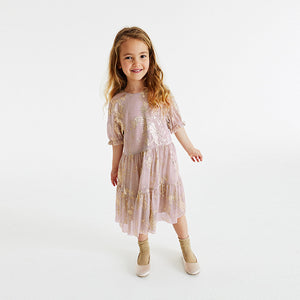 Pink/Gold Foil Sparkle Mesh Short Sleeve Tiered Party Dress (3-12yrs)