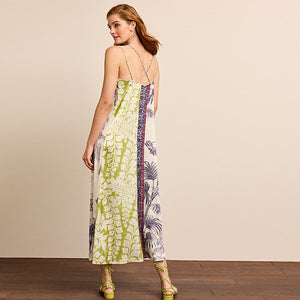 Spliced Palm Print V-Neck Satin Cami Midi Dress