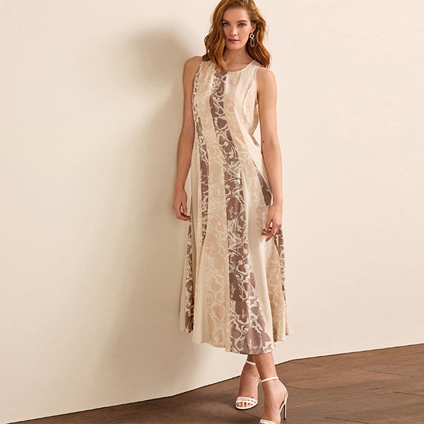 Neutral Snake Print Spliced Sleeveless Flowing Midi Dress