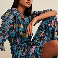 Load image into Gallery viewer, Navy Floral Blue Chiffon Midi Dress
