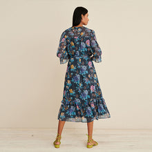 Load image into Gallery viewer, Navy Floral Blue Chiffon Midi Dress
