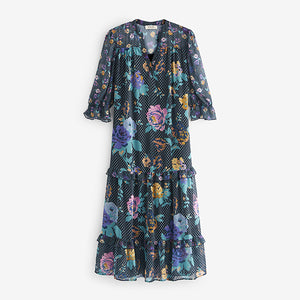 Navy Floral Blue Chiffon Midi Dress