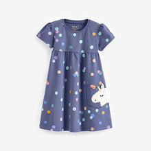 Load image into Gallery viewer, Navy Unicorn Short Sleeve Cotton Jersey Dress (3mths-6yrs)
