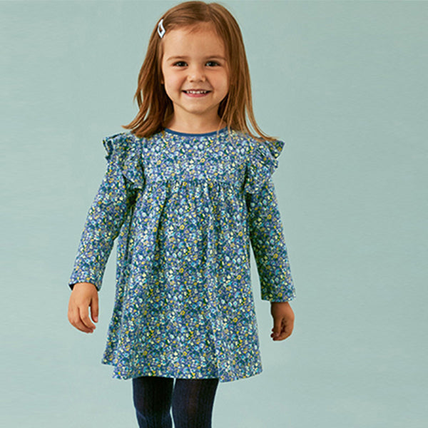 Blue Ditsy Long Sleeve Jersey Dress (3mths-6yrs)