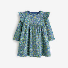 Load image into Gallery viewer, Blue Ditsy Long Sleeve Jersey Dress (3mths-6yrs)
