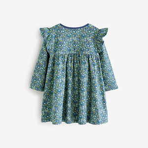 Blue Ditsy Long Sleeve Jersey Dress (3mths-6yrs)