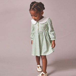 Green Ditsy Embroidered Collar Tea Dress (3mths-6yrs)