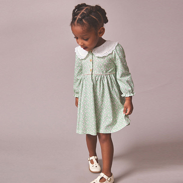 Green Ditsy Embroidered Collar Tea Dress (3mths-6yrs)