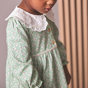 Green Ditsy Embroidered Collar Tea Dress (3mths-6yrs)