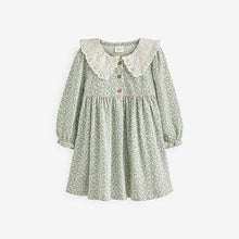 Load image into Gallery viewer, Green Ditsy Embroidered Collar Tea Dress (3mths-6yrs)
