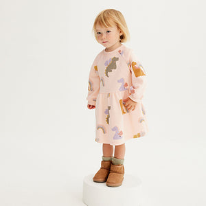 Cream Pink Dinosaur Printed Sweat Dress (3mths-6yrs)