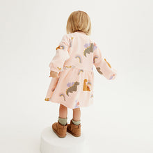 Load image into Gallery viewer, Cream Pink Dinosaur Printed Sweat Dress (3mths-6yrs)
