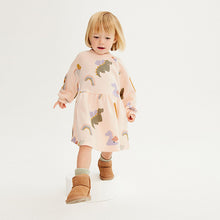 Load image into Gallery viewer, Cream Pink Dinosaur Printed Sweat Dress (3mths-6yrs)
