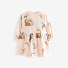 Load image into Gallery viewer, Cream Pink Dinosaur Printed Sweat Dress (3mths-6yrs)
