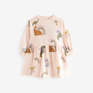 Cream Pink Dinosaur Printed Sweat Dress (3mths-6yrs)