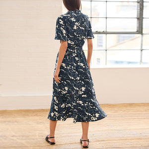 Navy Blue Print Zip Neck Midi Dress