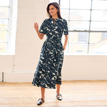 Load image into Gallery viewer, Navy Blue Print Zip Neck Midi Dress
