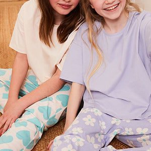 Purple Lilac Blue Daisy Heart Pyjamas 2 Packs (3-10yrs)