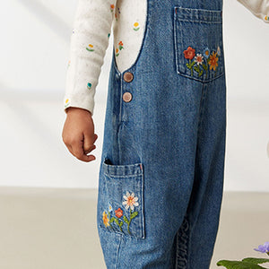 Denim Floral Embroidered Dungarees (3mths-6yrs)