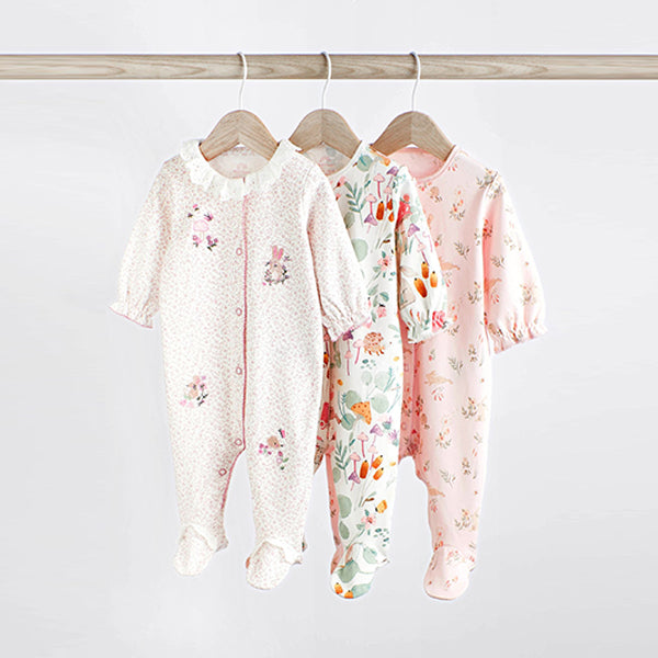 Pink Bunny Floral Baby Character Sleepsuits 3 Pack (0-18mt)