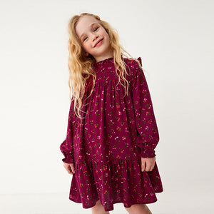 Berry Red Ditsy Print High Neck Long Sleeve Dress (3yrs-16yrs)