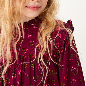 Berry Red Ditsy Print High Neck Long Sleeve Dress (3yrs-16yrs)