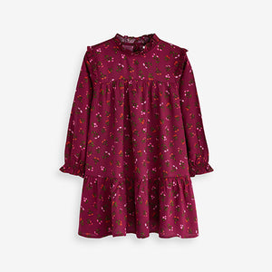 Berry Red Ditsy Print High Neck Long Sleeve Dress (3yrs-16yrs)