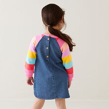 Load image into Gallery viewer, Bright Rainbow Stripe Raglan Denim Dress (3mths-6yrs)
