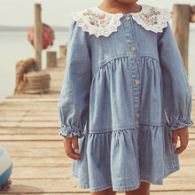 Load image into Gallery viewer, Blue Denim Embroidered Collar Dress (3mths-4-5yrs)
