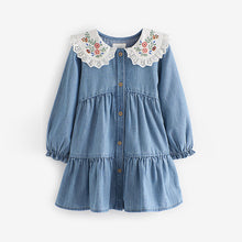 Load image into Gallery viewer, Blue Denim Embroidered Collar Dress (3mths-4-5yrs)
