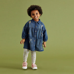 Blue Denim Floral Embroidered Dress And Leggings Set (3mths-6yrs)