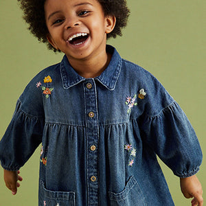 Blue Denim Floral Embroidered Dress And Leggings Set (3mths-6yrs)