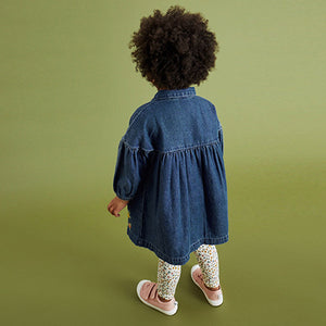 Blue Denim Floral Embroidered Dress And Leggings Set (3mths-6yrs)