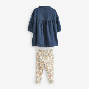 Blue Denim Floral Embroidered Dress And Leggings Set (3mths-6yrs)