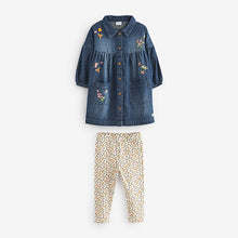 Load image into Gallery viewer, Blue Denim Floral Embroidered Dress And Leggings Set (3mths-6yrs)
