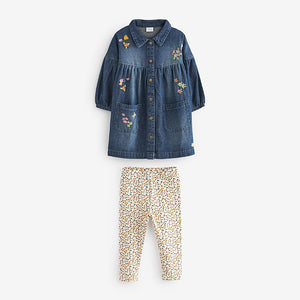 Blue Denim Floral Embroidered Dress And Leggings Set (3mths-6yrs)