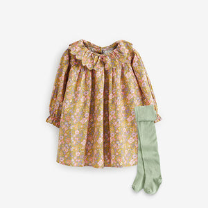 Pink/Green Floral Ruffle Collar Dress And Tights Set (3mths-6yrs)