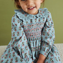 Load image into Gallery viewer, Teal Blue Printed Shirred Collar Dress (3mths-6yrs)
