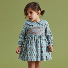 Load image into Gallery viewer, Teal Blue Printed Shirred Collar Dress (3mths-6yrs)
