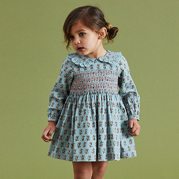 Teal Blue Printed Shirred Collar Dress (3mths-6yrs)