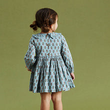 Load image into Gallery viewer, Teal Blue Printed Shirred Collar Dress (3mths-6yrs)
