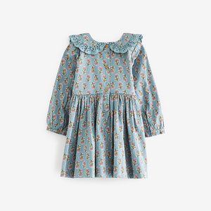 Teal Blue Printed Shirred Collar Dress (3mths-6yrs)