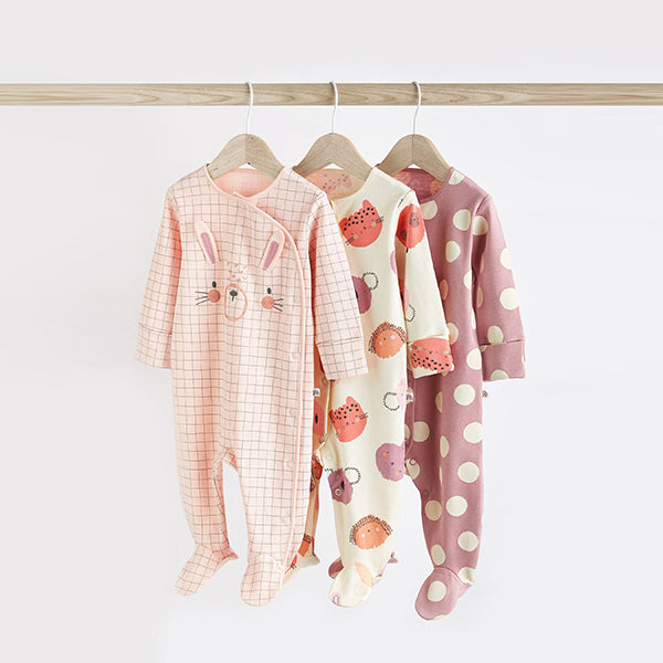 Pink Cotton Baby Sleepsuits 3 Pack (0-18mths)