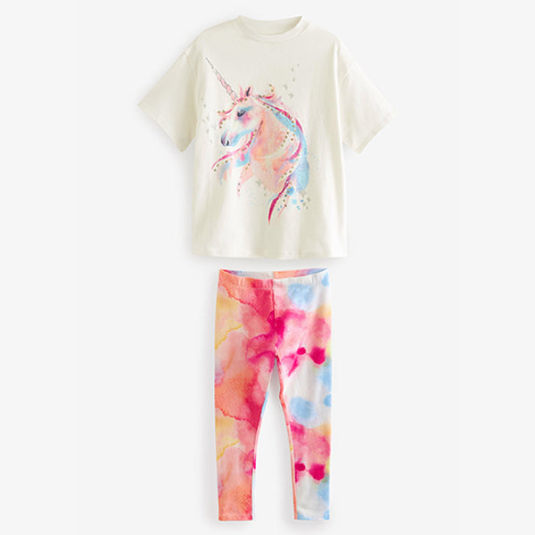 Ecru White/Pink Sequin Unicorn Oversized T-Shirt and Cycling Shorts Set (3-12yrs)