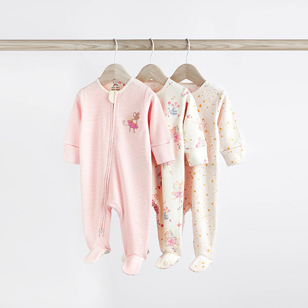 Pale Pink Cotton Baby Zip Sleepsuits 3 Pack (0mths-18mths)